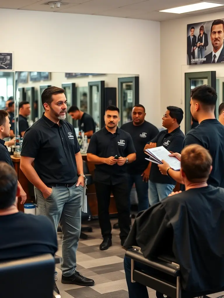 A consultant training barbershop staff on customer service techniques, emphasizing client retention and satisfaction in a barbershop setting.