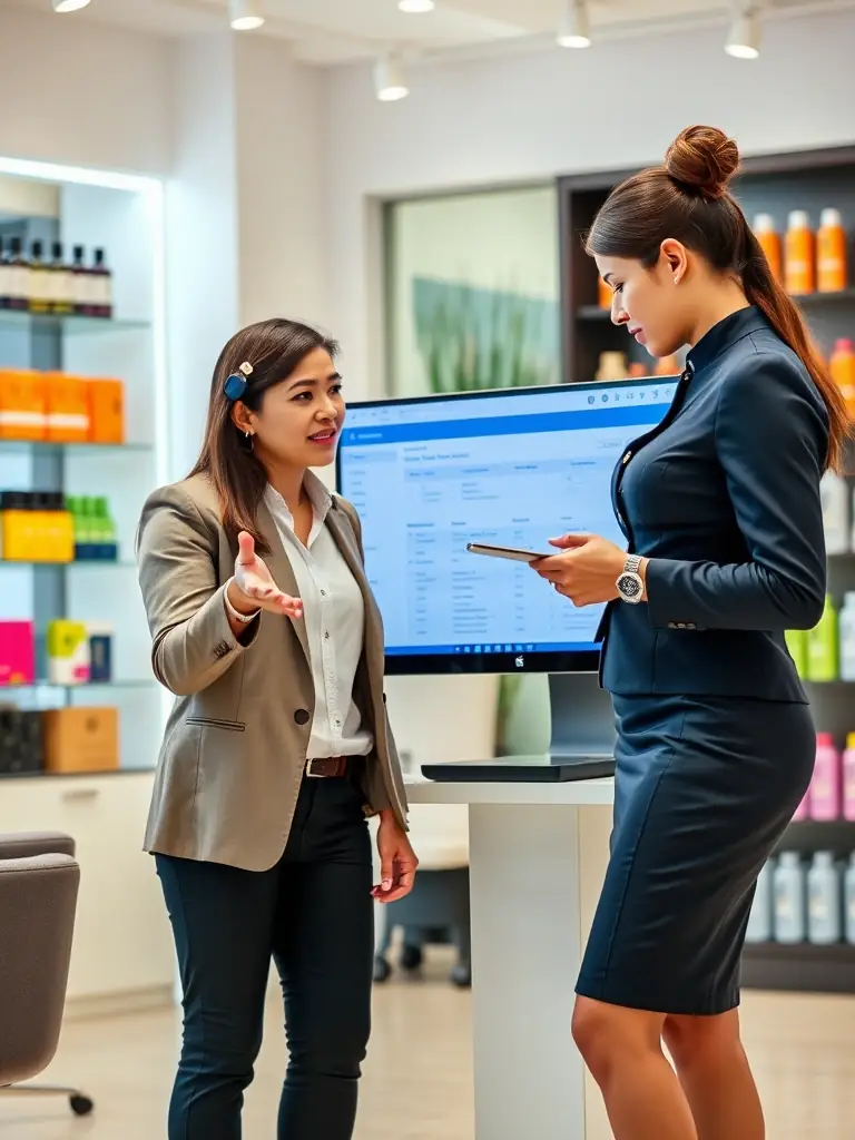A consultant working with a salon manager on inventory management software, optimizing stock levels and reducing waste in a salon environment.