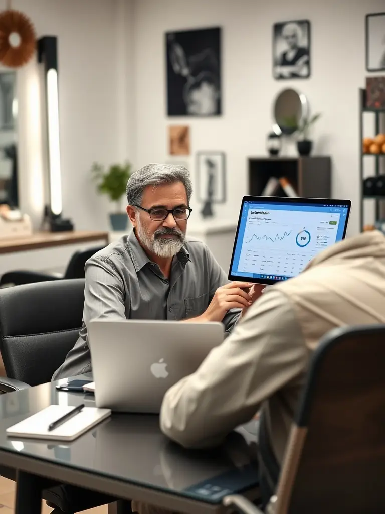 A consultant advising a salon owner on marketing strategies, including social media and local advertising, in a salon setting.