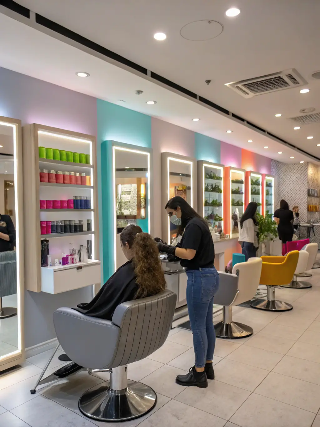 A modern point-of-sale (POS) system in a salon, showing a stylist completing a transaction with a happy customer.