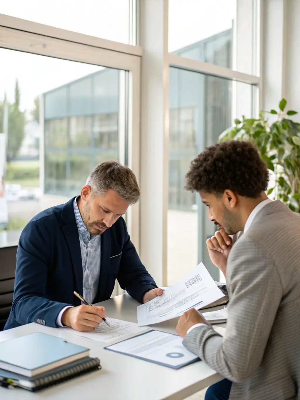 A consultant reviewing financial reports with a barbershop owner, highlighting key performance indicators and areas for improvement in a barbershop setting.