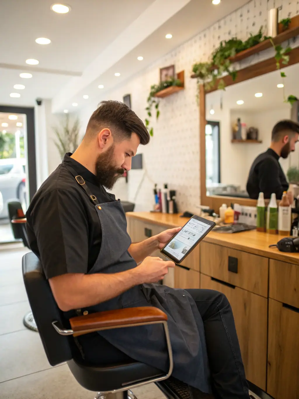 A close-up photo of a tablet displaying a well-organized appointment schedule for a barbershop, showcasing easy booking and time management.